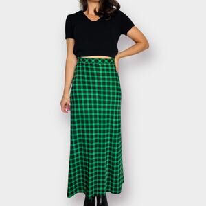 Vintage 70s green black checkered‎ maxi skirt Size XS